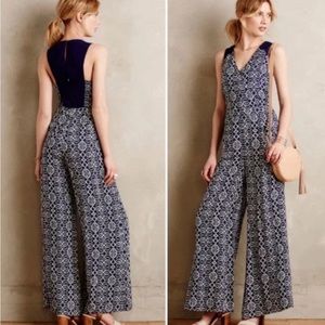 Anthropologie Elevenses Wideleg Sleeveless Blue White Romper Jumper